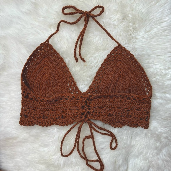 Lulus Let's Run Away Rust Brown Crochet Halter Crop Top - Picture 4 of 6